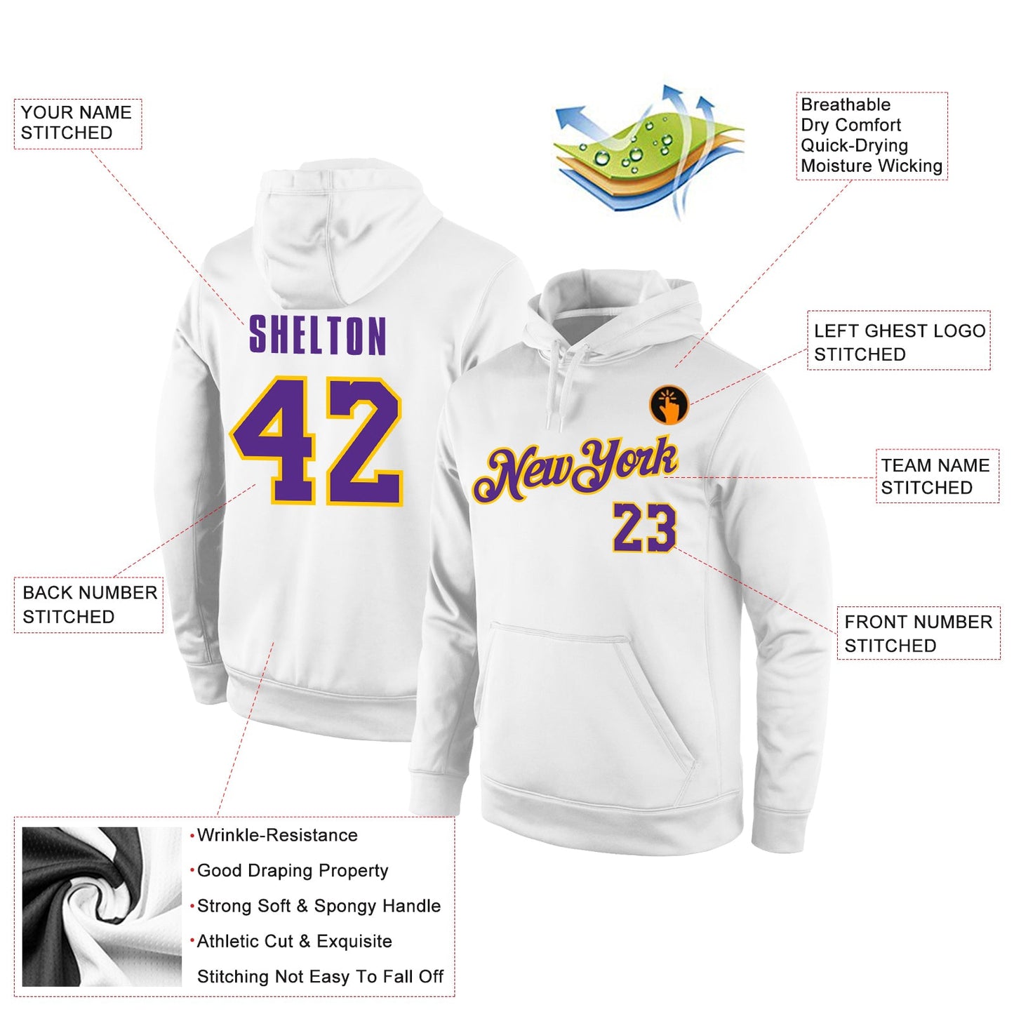 Custom Stitched White Purple-Gold Sports Pullover Sweatshirt Hoodie